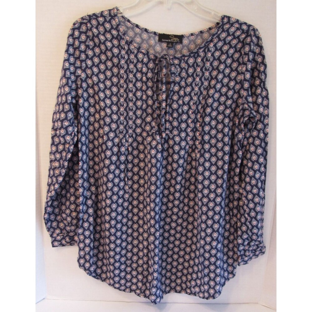 Suzanne Betro Boat Neck Drawstring Tie Boho Navy Blue Abstract Top/Blouse Size S